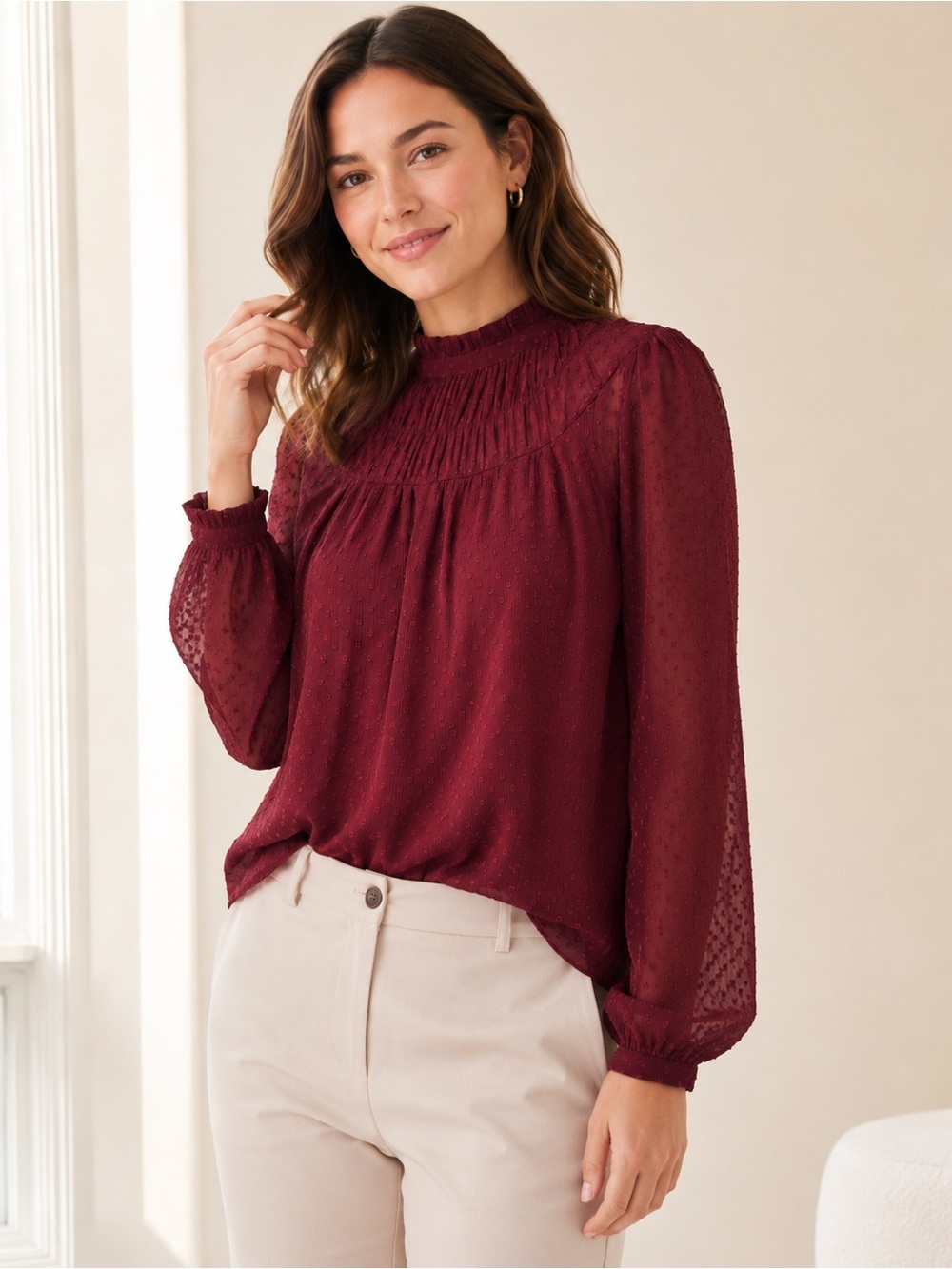 LOFT Burgundy Smocked High-Neck Blouse - Picture 2 of 11